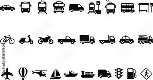 Transportation icons set with car, bus, train, truck, bicycle, airplane and ship symbols, public transport and vehicle vector icon collection