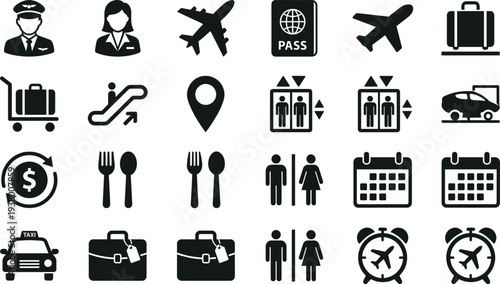 Travel and airport icons collection with airplane, passport, luggage, taxi, calendar and navigation symbols, solid vector set for tourism, transportation and travel service design