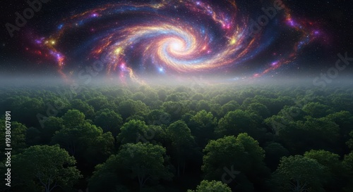 Aerial view of a dense green forest meeting a vivid, swirling nebula in the night sky, blending nature and space, majestic, light, night