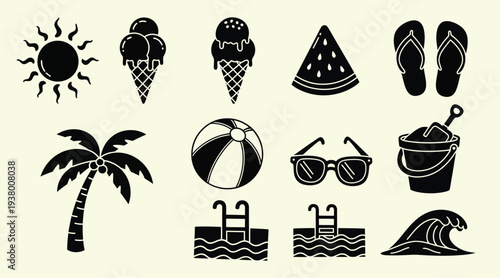 Summer Beach Holiday Icon Set Sun Ice Cream Watermelon Sunglasses Palm Tree Beach Ball Flip Flops Sand Bucket Sea Wave Swimming Pool Elements Vector Illustration