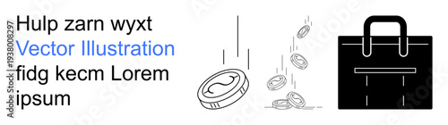 Finance, business planning, investment, cash flow, savings, economic growth. Coins falling alongside a briefcase icon. Finance and business planning concept for money-related