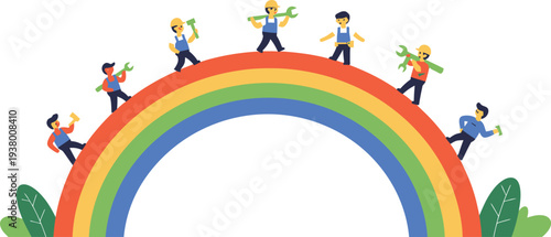 Diverse group of children climbing on a colorful rainbow together outdoors