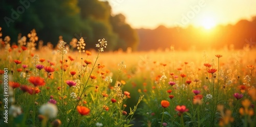 Golden hour sunlight bathes a vibrant field of wildflowers and tall grasses, creating a picturesque summer landscape Perfect for travel, nature, and seasonal themes , wildflowers, colorful, grasses