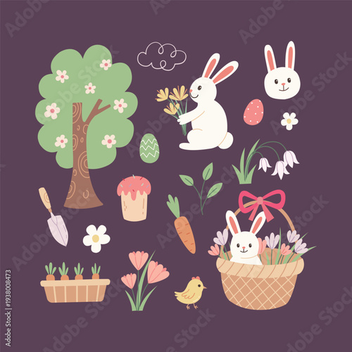 Easter spring vector element set. Cute flat bunny, chick, egg, flower and carrot illustration. Holiday clipart collection for sticker, nursery decor and greeting design.