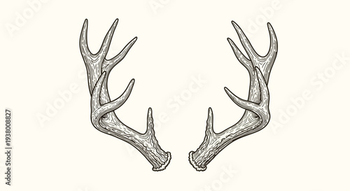 Detailed illustration of a pair of deer antlers in an engraved style on a light background, showcasing natural beauty.