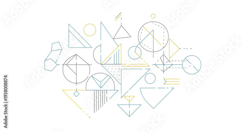 Abstract geometric shapes and lines forming a complex pattern on a white background, featuring triangles, circles, and dashed elements in blue and yellow.