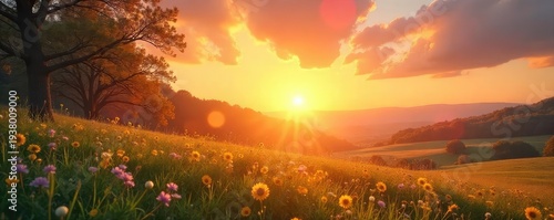 Joyful sunrise over a tranquil, sun-drenched landscape symbolizes rebirth, renewal, and hope; perfect for Easter, spring, or new beginnings , spring, rays