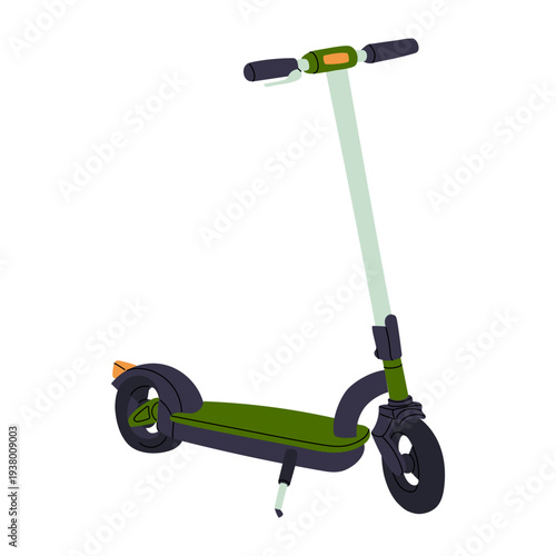 Green electric kick scooter isolated on white background. Eco transport. Flat illustration for eco urban transport posters, personal vehicle banners, city movement graphics or modern technology icons