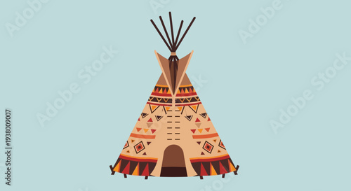 Stylized Native American teepee with traditional patterns on a light blue background.
