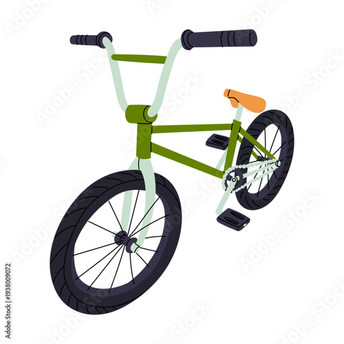 Green stunt bmx bicycle isolated on white background. Eco transport. Flat illustration for extreme sport posters, urban transport banners, healthy lifestyle graphics or modern city activity icons