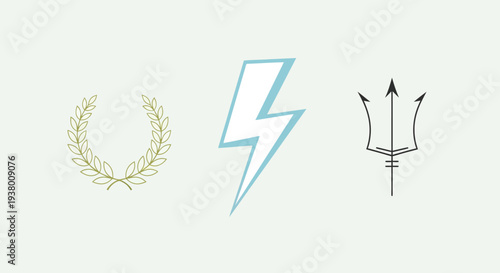 Three iconic symbols from Greek mythology: a laurel wreath, a lightning bolt, and a trident, representing victory, Zeus, and Poseidon.