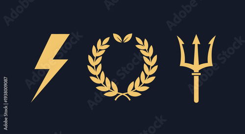 Three golden symbols of power and mythology: a lightning bolt, a laurel wreath, and a trident on a dark background.
