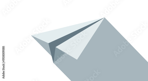 A minimalist flat design illustration of a white paper airplane casting a long shadow on a clean white background, symbolizing flight and communication.