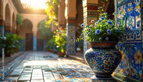 Ornate Floral Mosaic Tile Courtyard With Sunlight And Vibrant Blue Flowers In A Decorative Pot