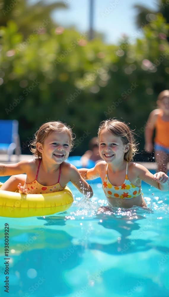 Obraz premium Kids joyfully splashing in a sunny outdoor pool, inflatable toys bobbing nearby Perfect for summer fun, vacation, and carefree childhood imagery , relaxation, vibrant