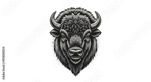 Detailed black and white illustration of a powerful bison head with intricate fur and horn textures, facing forward.