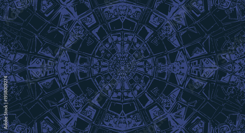 Intricate dark blue abstract pattern with symmetrical geometric shapes resembling a complex gothic or kaleidoscopic design.