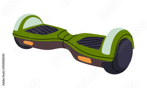 Modern green electric hoverboard isolated on white. Eco transport. Flat illustration for eco urban transport posters, personal vehicle banners, city movement graphics or modern technology icons