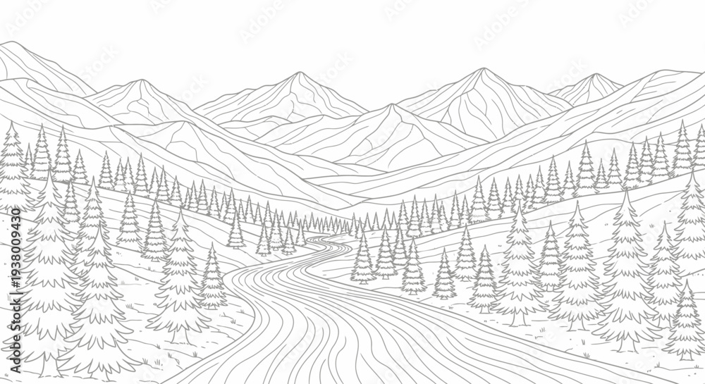 Fototapeta premium Detailed line art illustration of a winding road through a forest of pine trees with majestic mountains in the background, perfect for a coloring book.