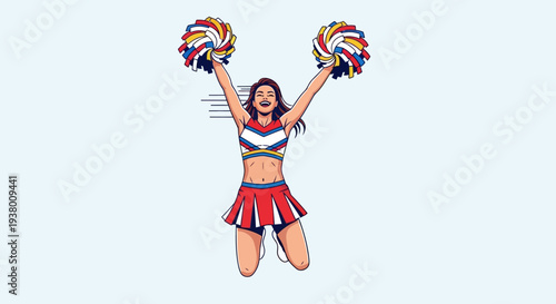Illustration of a cheerful female cheerleader jumping with pom-poms in a red and white uniform against a light background.
