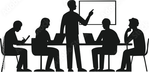 A silhouette team at a long desk