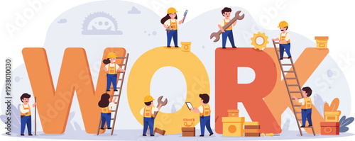 People working together to form the word work in a collaborative and industrious scene with teamwork and cooperation