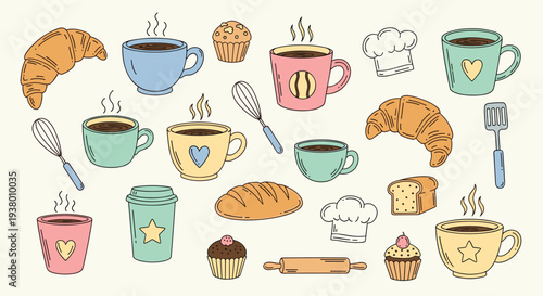 A charming collection of hand-drawn breakfast and coffee illustrations including croissants muffins bread cups and baking tools presented on a light background