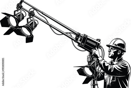 Man in hard hat adjusting large studio lighting equipment worker engineer technician
