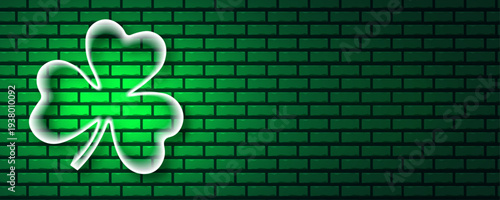 Saint Patricks Day Neon Shamrock Banner on Green Brick Wall Background for Holiday Marketing and Event Promotion