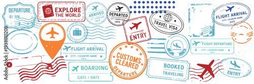 Vintage passport travel stamps collection with flight arrival departure boarding visa and airport markings isolated for tourism, vacation and airline travel design
