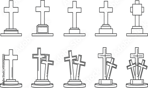 Black and white line of various graveyard crosses and grave markers line cemetery