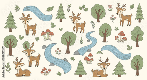 Charming forest scene with playful deer, whimsical trees, flowing streams, and cute mushrooms in a soft, natural color palette