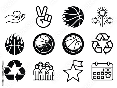 A collection of twelve black and white outline icons represents diverse concepts like sports, community, and environmental awareness.