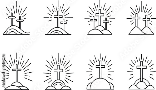 Black line crosses on hills with sunburst black and white Christian symbols