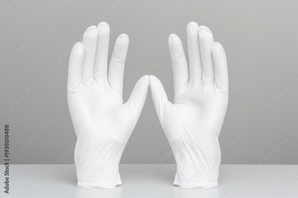 Obraz premium Protective white medical gloves standing on a white surface with a grey background, offering a sterile and safe approach
