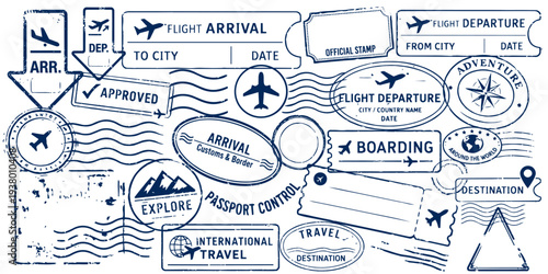 Vintage passport travel stamps collection with flight arrival departure boarding visa and airport markings isolated for tourism, vacation and airline travel design