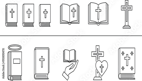 Black line of christian books and crosses