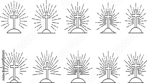 Black line of crosses with sunburst rays