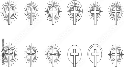 Black line of crosses with rays on white background line Christian symbols