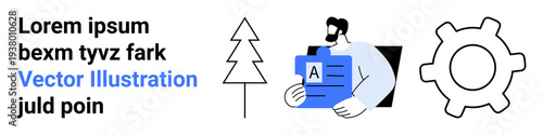 Identity verification, conceptual processes, workflow design, personal data, administrative tasks, system mechanics. Person holding a card, text tree and gear icon. Identity verification