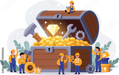 People gathered around a large treasure chest overflowing with gold coins and jewels on a white background