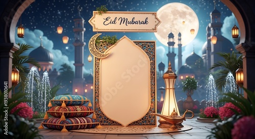 Ramadan Kareem Banner Template with Islamic Ornament Frame and Lantern Light