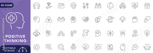 Positive Thinking icon set. Open mind, growth mindset, smart thinking, good habits, brain process, design thinking, mental wellness, psychology concept icons. Editable stroke.