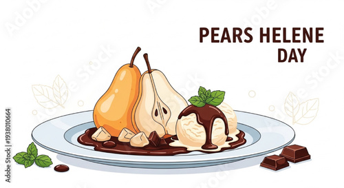Poached Pear Dessert Vector Illustration for Pears Helene Day