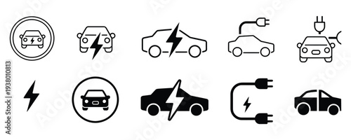 Electric vehicle charging icons set in modern style