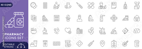 Pharmacy icon set. Outline Icon Collection. Fully Editable. Vector illustration.
