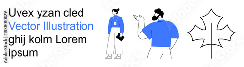 Business communication, graphic design, presentations, branding, modern abstract visuals, marketing materials. Two people interacting, text and a leaf outline. Business communication and graphic