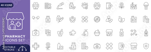 Pharmacy icon set. Outline Icon Collection. Fully Editable. Vector illustration.