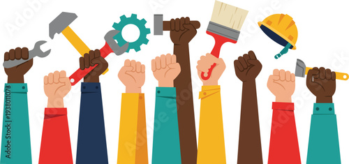 Diverse hands holding various work tools in unity and cooperation