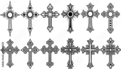 Ornate crosses in black and white with various and patterns religious symbols